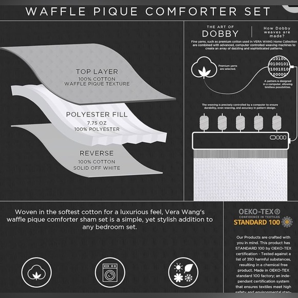 Vera Wang Waffle Pique Cotton Comforter Set Grey Queen - Picture 5 of 7